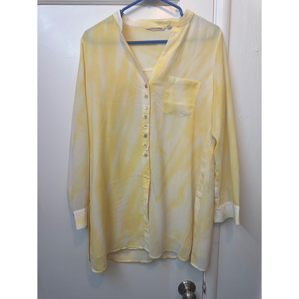 Soft Surroundings Yellow Tie Dye Tunic Top Long Sleeve Button Front Womens M